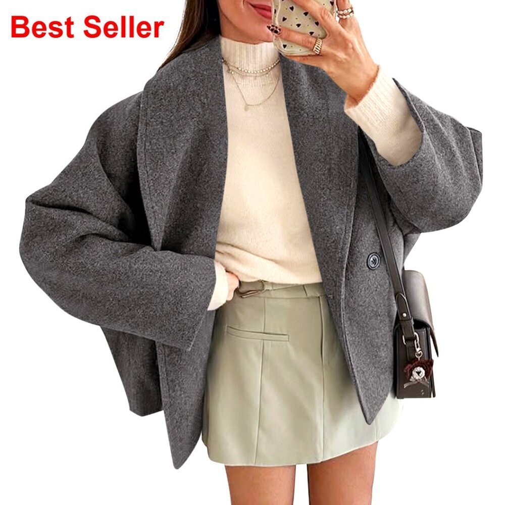 Cropped Pea Coat Oversized Wool Blend Double Breasted Lapel Jacket